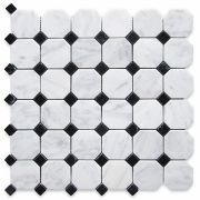 Carrara White 2 inch Octagon Mosaic Tile w/ Black Dots Polished