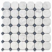 Carrara White 2 inch Octagon Mosaic Tile w/ Black Dots Tumbled