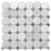 Carrara White Marble 2 inch Octagon Mosaic Tile w/ Bardiglio Gray Dots Honed