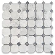 Carrara White Marble 2 inch Octagon Mosaic Tile w/ Bardiglio Gray Dots Polished