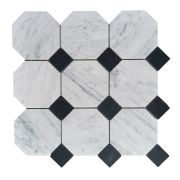 Carrara White Marble 4 inch Octagon Mosaic Tile w/ Nero Marquina Black Dots Honed