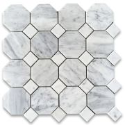 Carrara White Marble 3 inch Octagon Mosaic Tile w/ Carrara White Dots Honed