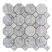 Carrara White Marble 3 inch Octagon Mosaic Tile w/ Carrara White Dots Polished