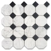 Carrara White Marble 3 inch Octagon Mosaic Tile w/ Nero Marquina Black Dots Honed