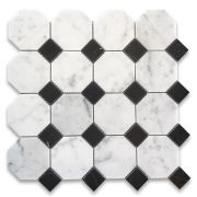 Carrara White Marble 3 inch Octagon Mosaic Tile w/ Nero Marquina Black Dots Polished