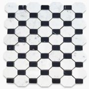 Carrara White Marble 2 inch Regency Stella Long Octagon w/ Black Dots Honed