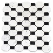 Carrara White Marble 2 inch Regency Stella Long Octagon w/ Black Dots Polished