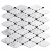 Carrara White Marble 1-3/4x3-1/2 Long Octave Rhomboid Mosaic Tile w/ Black Dots Honed