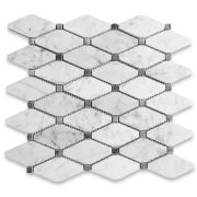 Carrara White Marble 1-3/4x3-1/2 Long Octave Rhomboid Mosaic Tile w/ Dark Gray Dots Honed