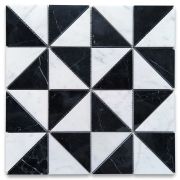 Carrara White and Nero Marquina Black Marble 3x3x4 Windmill Triangle Mosaic Tile Polished