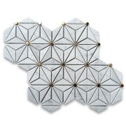 Carrara White Marble 1.5x2.5 Rhombus Triangle Geometric Mosaic Tile w/ Round Brass Dots Polished