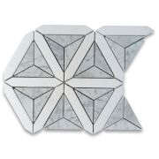 Carrara White Marble Tessellated Faceted Mosaic Tile w/ Thassos White Lines Honed