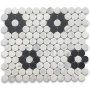 Carrara White Marble 1 inch Penny Round Rosette Mosaic Tile w/ Nero Marquina Black Honed
