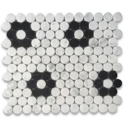 Carrara White Marble 1 inch Penny Round Rosette Mosaic Tile w/ Nero Marquina Black Polished