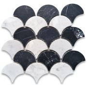 Carrara White Nero Marquina Black Marble Grand Fish Scale Fan Shape Mosaic Tile Honed