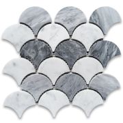 Carrara White Bardiglio Gray Marble Grand Fish Scale Fan Shape Mosaic Tile Honed