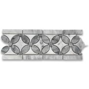 Carrara White Flower Mosaic Border Listello Tile w/ Bardiglio Gray Dots Polished