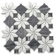 Carrara White Marble Ice Flower Blossom Waterjet Mosaic Tile w/ Bardiglio Gray Honed