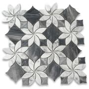 Carrara White Marble Ice Flower Blossom Waterjet Mosaic Tile w/ Bardiglio Gray Polished