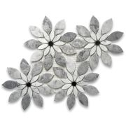 Carrara White Marble Wildflower Rain Flower Waterjet Mosaic Tile w/ Bardiglio & Nero Honed