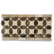 Emperador Dark Flower Mosaic Border Listello Tile w/ Crema Marfil Dots Polished