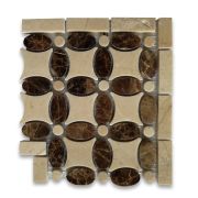 Emperador Dark Flower Mosaic Border Corner Tile w/ Crema Marfil Dots Polished