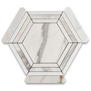 Calacatta Gold Marble 5 inch Hexagon Georama Geometric Mosaic Tile w/ Thassos White Strips Honed