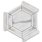 Calacatta Gold Marble 5 inch Hexagon Georama Geometric Mosaic Tile w/ Thassos White Strips Polished