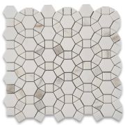 Calacatta Gold Marble 1-1/2 inch Hexagon Sunflower Ring Waterjet Mosaic Tile w/ Thassos White Honed