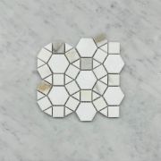 Calacatta Gold Marble 1-1/2 inch Hexagon Sunflower Ring Waterjet Mosaic Tile w/ Thassos White Honed