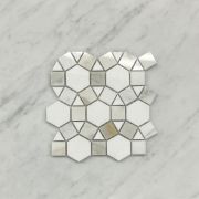 Calacatta Gold Marble 1-1/2 inch Hexagon Sunflower Ring Waterjet Mosaic Tile w/ Thassos White Polished