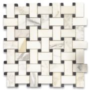 Calacatta Gold 1x2 Basketweave Mosaic Tile w/ Black Dots Honed