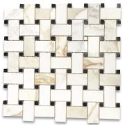 Calacatta Gold 1x2 Basketweave Mosaic Tile w/ Black Dots Polished