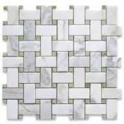 Calacatta Gold 1x2 Basketweave Mosaic Tile w/ Green Dots Honed