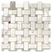 Calacatta Gold 1x2 Basketweave Mosaic Tile w/ Green Dots Polished