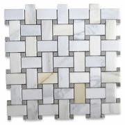 Calacatta Gold 1x2 Basketweave Mosaic Tile w/ Gray Dots Honed