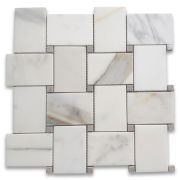 Calacatta Gold Marble Large Basketweave Mosaic Tile w/ Cinderella Gray Tan Dots Polished