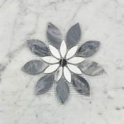Bardiglio Gray Marble Wildflower Rain Flower Waterjet Mosaic Tile w/ Carrara & Nero Honed