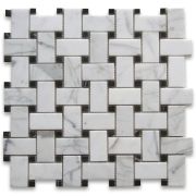 Statuary White Marble 1x2 Basketweave Mosaic Tile w/ Black Dots Honed