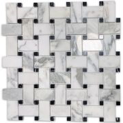 Statuary White Marble 1x2 Basketweave Mosaic Tile w/ Black Dots Polished