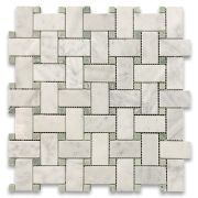 Statuary White Marble 1x2 Basketweave Mosaic Tile w/ Green Dots Honed