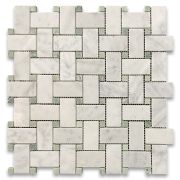 Statuary White Marble 1x2 Basketweave Mosaic Tile w/ Green Dots Honed