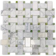 Statuary White Marble 1x2 Basketweave Mosaic Tile w/ Green Dots Polished