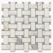 Statuary White Marble 1x2 Basketweave Mosaic Tile w/ Gray Dots Honed