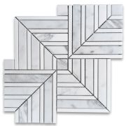 Statuary White Marble Maze Square Chevron Mosaic Tile w/ Thassos White Strip Honed