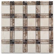 Crema Marfil Marble Plaid Tartan Mosaic Tile w/ Emperador Brown Polished