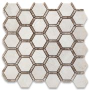 Crema Marfil Marble 2 inch Hexagon Mosaic Tile w/ Emperador Light Strips Polished