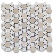 Crema Marfil Marble 1-1/2 inch Hexagon Sunflower Ring Waterjet Mosaic Tile w/ Thassos White Polished