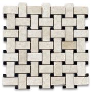 Crema Marfil 1x2 Basketweave Mosaic Tile w/ Black Dots Polished