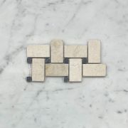 (Sample) Crema Marfil Marble 1x2 Basketweave Mosaic Tile w/ Nero Marquina Black Dots Tumbled